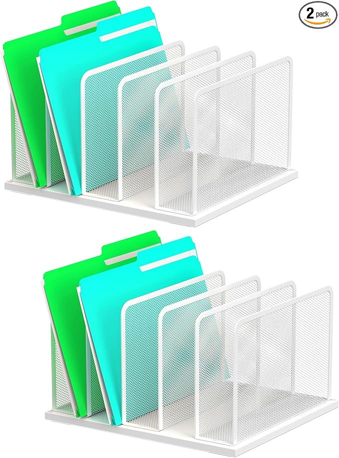 Kuntine.B Desk File Organizer Upright Mesh Desktop Organizer File Sorter Office Organization File Holder for Home, Office & Classroom (White, 2 Pack 5-Section)
