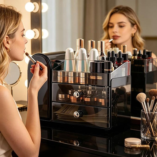 Makeup Organizer with Makeup Brush Holder, Cosmetic Organizer with 2 Drawer for Lipsticks, Perfumes, Eyeshadow Palettes and Nail Polishes (Black)