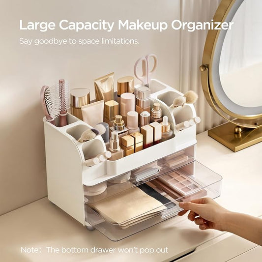 HBlife Makeup Organizer for Vanity with Brush Holder, Large Bathroom Countertop Cosmetic Organizer Skin Care Storage, Easy to Store Lipsticks, Nail Polishes, Perfumes, Eyeshadow Palettes, White