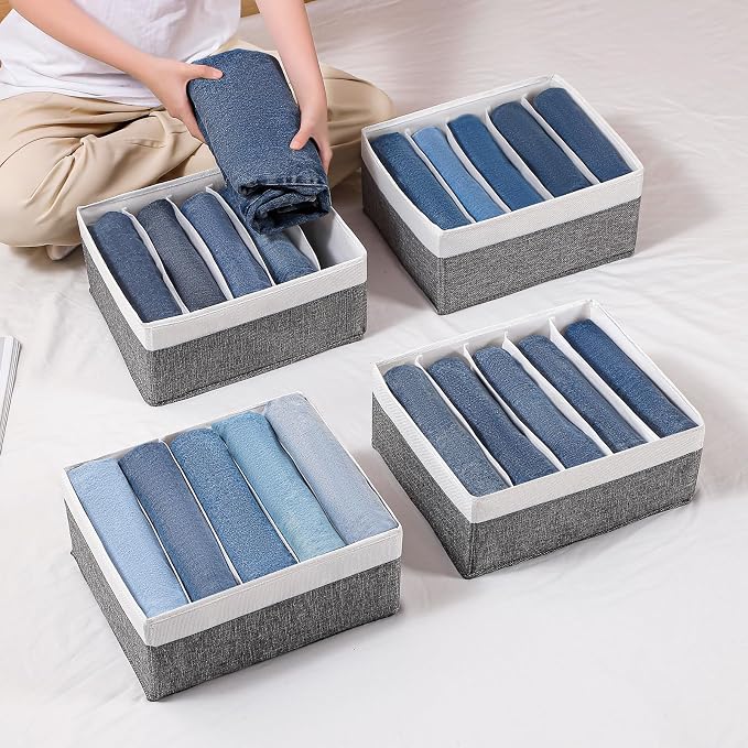 Jeans Drawer Organizers for Clothing,5 Grids Compartment Wardrobe clothes organizer,Fabric Washable Closet Organizers and Storage Bins for Jeans,Pants,Bra,Legging,t-shirt-GreyWhite