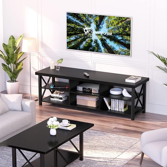 GreenForest TV Stand for TV up to 65 inches, Entertainment Center with 6 Storage Cabinet for Living Room, 55 inch Farmhouse Television Stands Console Table, Industrial TV stands for Living Room, Black