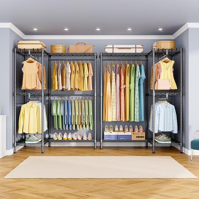 E15 Garment Rack L Shaped Clothes Rack for Corner,Freestanding Clothing Racks for Hanging Clothes,Heavy Duty Closet Organizer with 4 Hanging Rods & 8 S Hooks,43.4" W x 15.8" D x 78.4" H,Grey