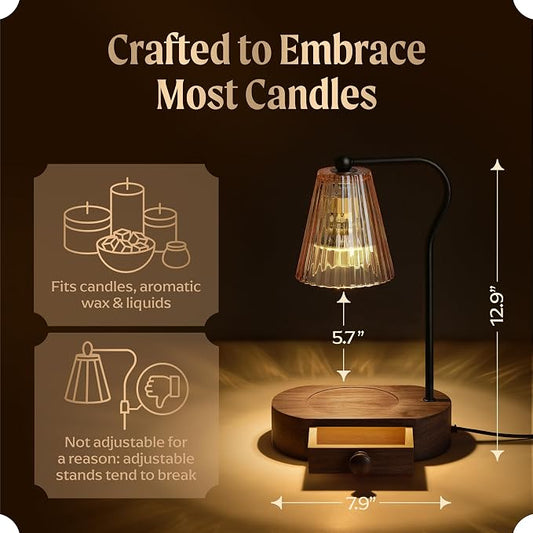 Candle Warmer Lamp with Timer & Dimmer, Black Painted Wooden Base with Drawer, Black Metal Stand, Extra Bulb Included, Candle Warming Lamp, Electric Candle Wax Warmer