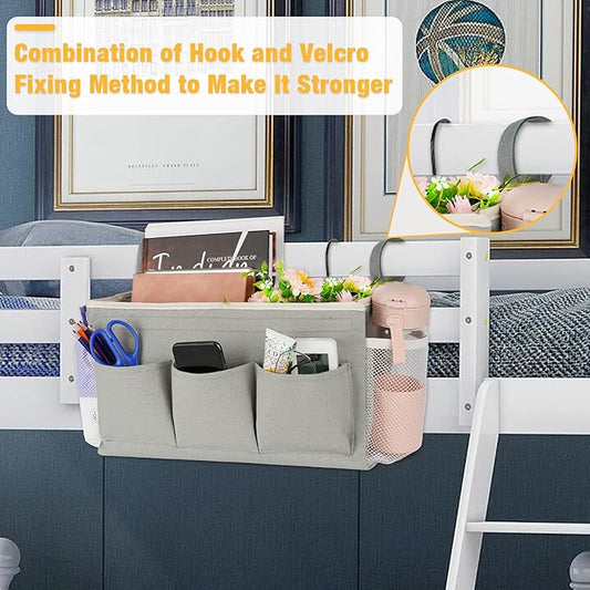 Lilithye Bedside Caddy Organizer with Fixed Straps & Water Bottle Holder for Home, College Dorm, Bunk Bed, Hospital & Crib Bed Rails (2 pcs, Grey)
