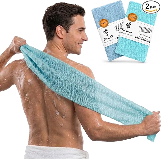 Yiclick 2PCS Exfoliating Washcloth Towel - Exfoliating Body Scrubber Exfoliator, Loofah Sponge Wash Cloth, Korean & Japanse & African Net Sponge Rag - Back Scrubber Washer (Lake Blue+Blue)