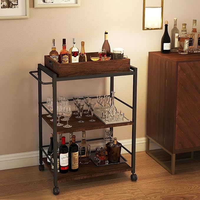 3 Tier Kitchen Cart, Rolling Bar Cart for Tea, Coffee, Liquor, and Drink Service with Removable Serving Detachable Server, Walnut