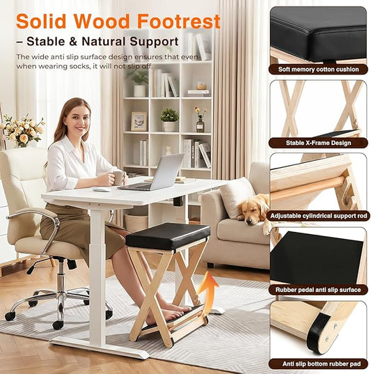 Adjustable Foot Rest Under Desk, Solid Wood Ergonomic Under Desk Footrest with Detachable Memory Foam Pad, Double Layer Foot Stool and Leg Rest with 3-Level Angle, for Home Office Gaming Chair