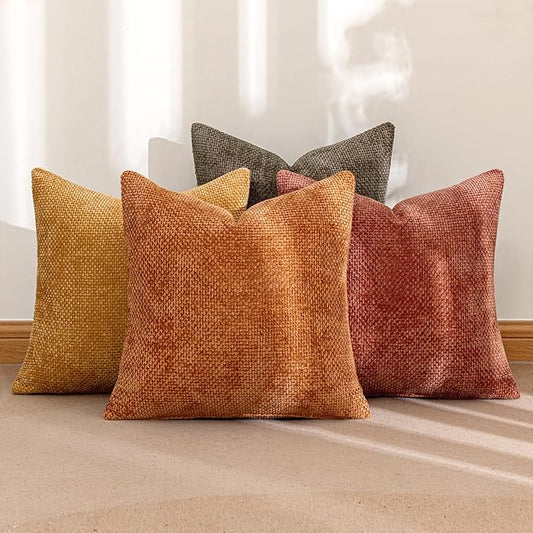 MIULEE Pack of 4 Orange/Yellow Couch Throw Pillow Covers 18x18 Inch Halloween Soft Decorative Chenille Pillows Farmhouse Accent Cushions for Boho Home Decor Spring Sofa Bedroom Living Room