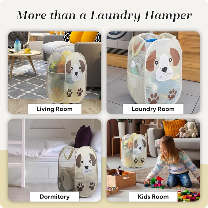 Pop Up Laundry Hamper, Cute Puppy Collapsible Mesh Basket 71L with Reinforced Handles and Side Pocket - Foldable Pop Up Hamper for Dorm, Travel, Kids Room - Handy Laundry (Puppy)