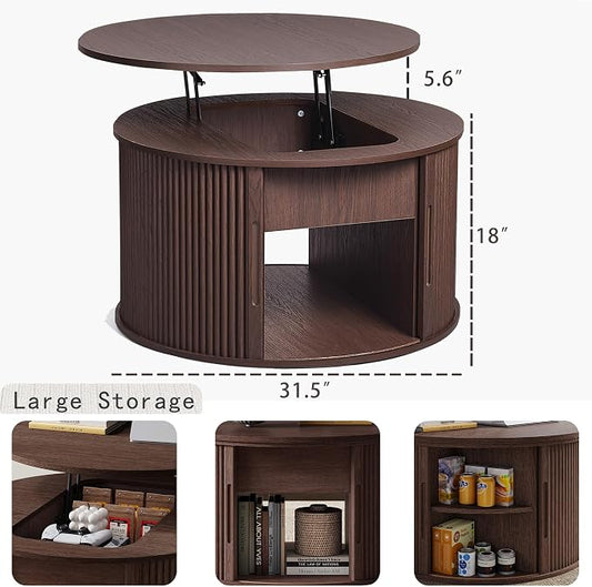 LINSY Lift Top Coffee Table, Round Fluted Coffee Table with Storage, Mid Century Modern Wooden Coffee Tables with Sliding Tambour Door, 31.5" Center Table for Living Room, Office, Small Space, Walnut