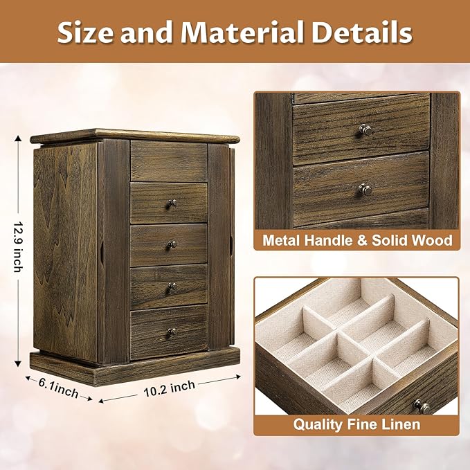 Emfogo Jewelry Box for Women, 5 Layer Large Wood Jewelry Boxes & Organizers for Necklaces Earrings Rings Bracelets, Rustic Jewelry Organizer Box with Drawers and Mirror(Vintage)