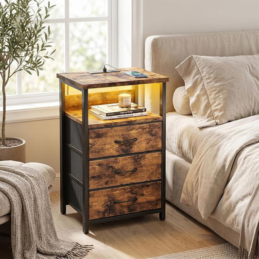 Fixwal Night Stand with Charging Station, LED Nightstand with Fabric Drawers, End Table with PU Finish, Bed Side Table, Rustic Brown