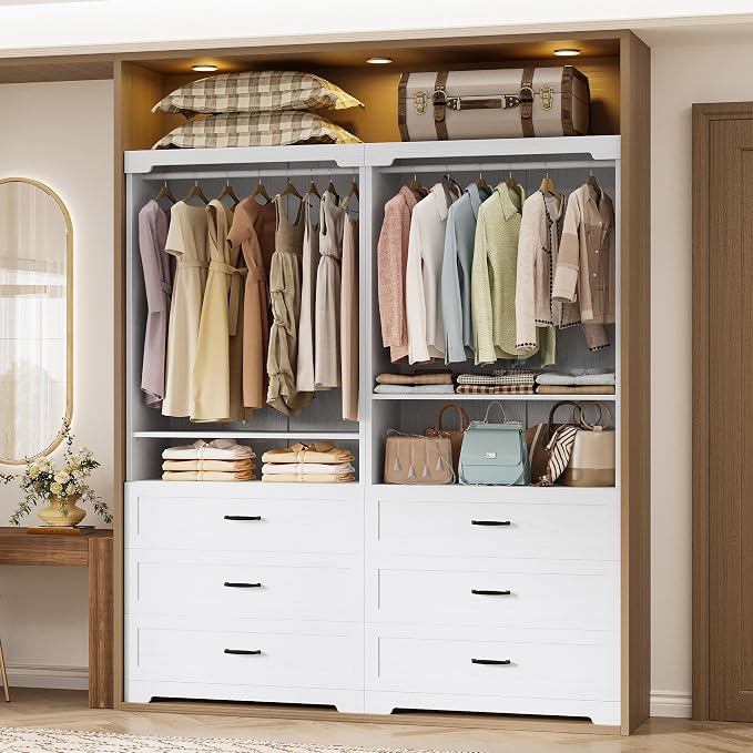 IRONCK Freestanding Closet System with 3 Wood Drawers, Modern Armoire Wardrobe with Adjustable Shelves & Hanging Rod, Walk-in Closet Systems Organizer for Small Closet, 31.5" White