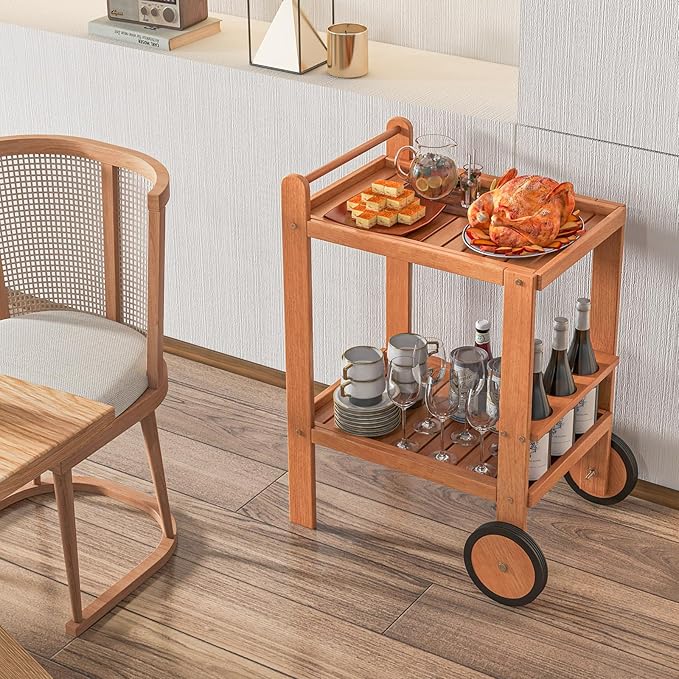 Giantex Wood Bar Cart, 2 Tier Side Table with Large Wheels & Wine Bottle Rack, Home Bar Serving Cart with Teak Oil Finish, Indoor & Outdoor Mobile Beverage Cart for Home, Poolside, Patio