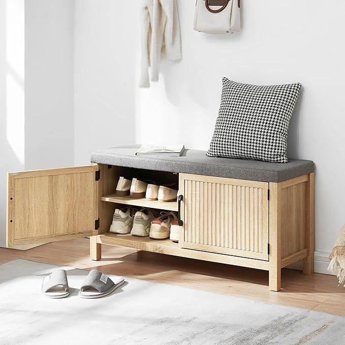 Shoe Storage Cabinet with Bench, Shoe Organizer with 2 Doors Shoe Rack Benches with Cushion for Front Door Entrance Entryway Living Room(Oak)
