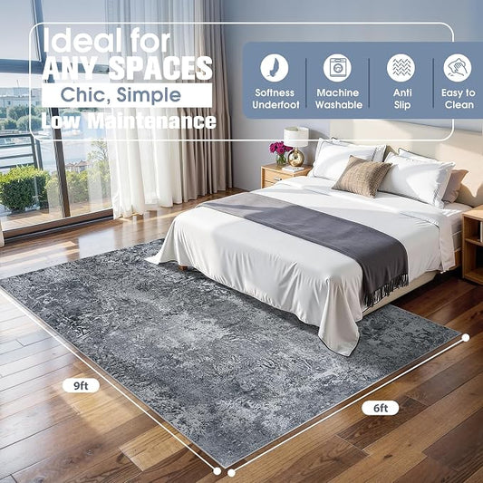 6x9 Area Rugs for Living Room Rug Washable: Abstract Rug for Dining Room Bedroom Carpet Non Slip 6 by 9 Indoor Modern Nursery Home Office Black