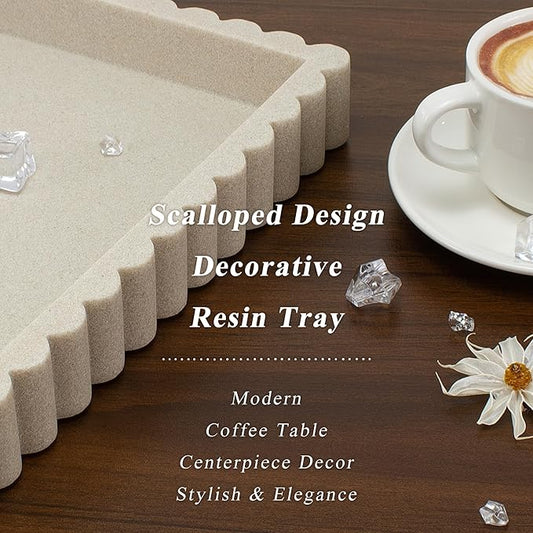 YMXYJM-Scalloped Coffee Table Tray,Ottoman Tray for Modern Home Decor. 14" Decorative Tray for Entryway Table Decor, Living Room Table Decor, Coffee Table Centerpiece - Beige Resin