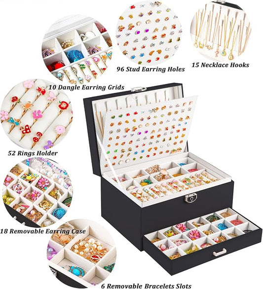 QBestry Earring Jewelry Box for Women Girls Stud Organizer, 5 Layers Black Jewelry Organizer Box With Lock Necklaces and Earrings Holder Jewelry Box with Earring Organizxer for Women Girls Xmas Gifts