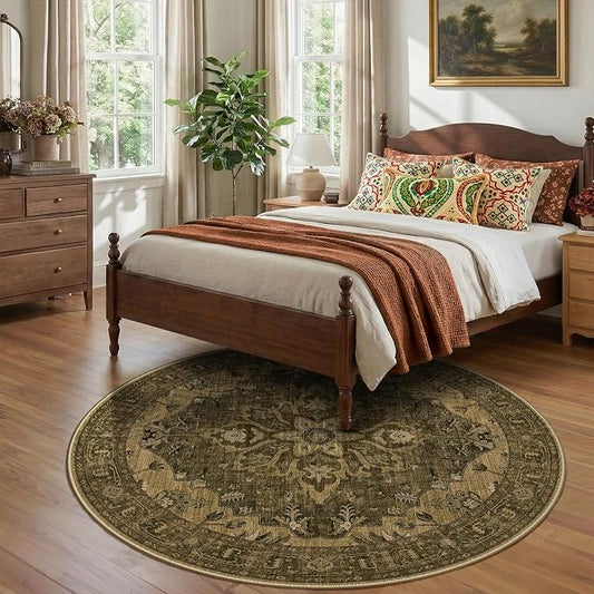 RELEANY Area Rugs Round 7ft Washable Non-Slip, Floral Vintage Distress Medallion Carpet for Living Room Bedroom Dining Room, Brown Dark Brown