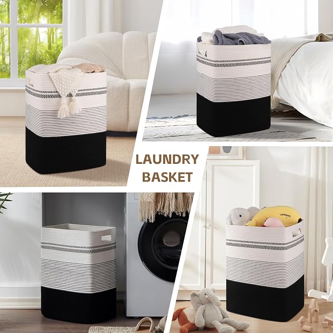 80L Large Cotton Rope Laundry Basket for Bedroom & Laundry Room, Tall Clothes Hamper with Sturdy Handles, Neutral Storage Bin Capable of Holding Blankets and Toys