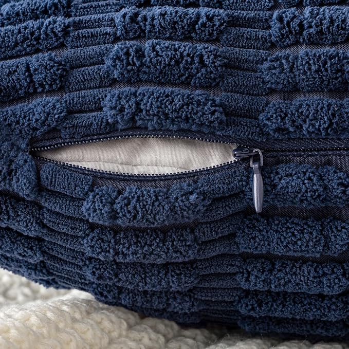 MIULEE Pack of 2 Corduroy Decorative Throw Pillow Covers 12x12 Inch Soft Boho Striped Pillow Covers Modern Farmhouse Home Decor for Summer Coastal Sofa Living Room Couch Bed Dark Blue