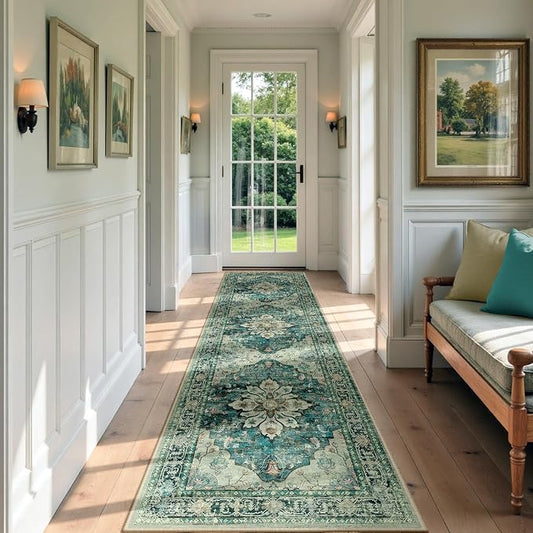 RELEANY Area Rugs Runner 2'x7' Washable Non-Slip, Floral Vintage Distress Medallion Carpet for Kitchen Hallway Bedroom Beside Laundry Room Bathroom, Dark Blue Vintage