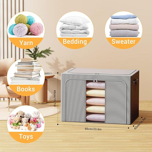 Clothes Storage Bins with Metal Frame, Foldable Clothes Organizers Storage Containers for Clothes, Sheets, Blankets, Pillows and Towels (100L, 3 Pack, Deep Grey)