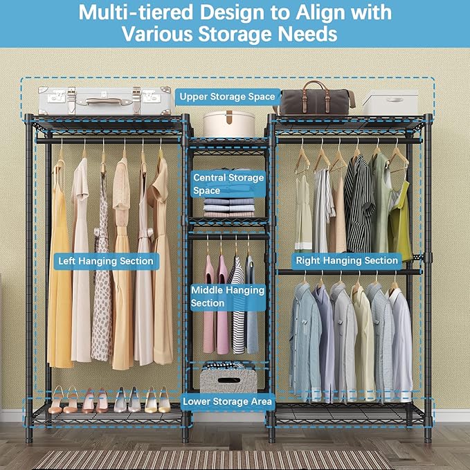 VIPEK Classic V6C Heavy Duty Covered Clothes Rack Portable Wardrobe Closet, 5 Tiers Wire Garment Rack Black Metal Clothing Rack with Grey Oxford Cover, 70.1" L x 17.3" W x 76.4" H, Max Load 870 LBS