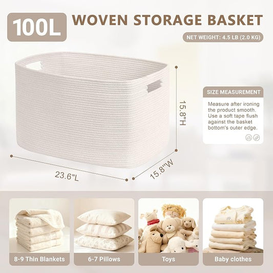 100L Extra Large Baby Girls Laundry Basket for Nursery Storage,Cute Woven cotton Rope Baskets for Kids Toy,Gifts, Boho Square Wicker Blanket hamper for Living Room,Bedroom Dirty Clothes, White
