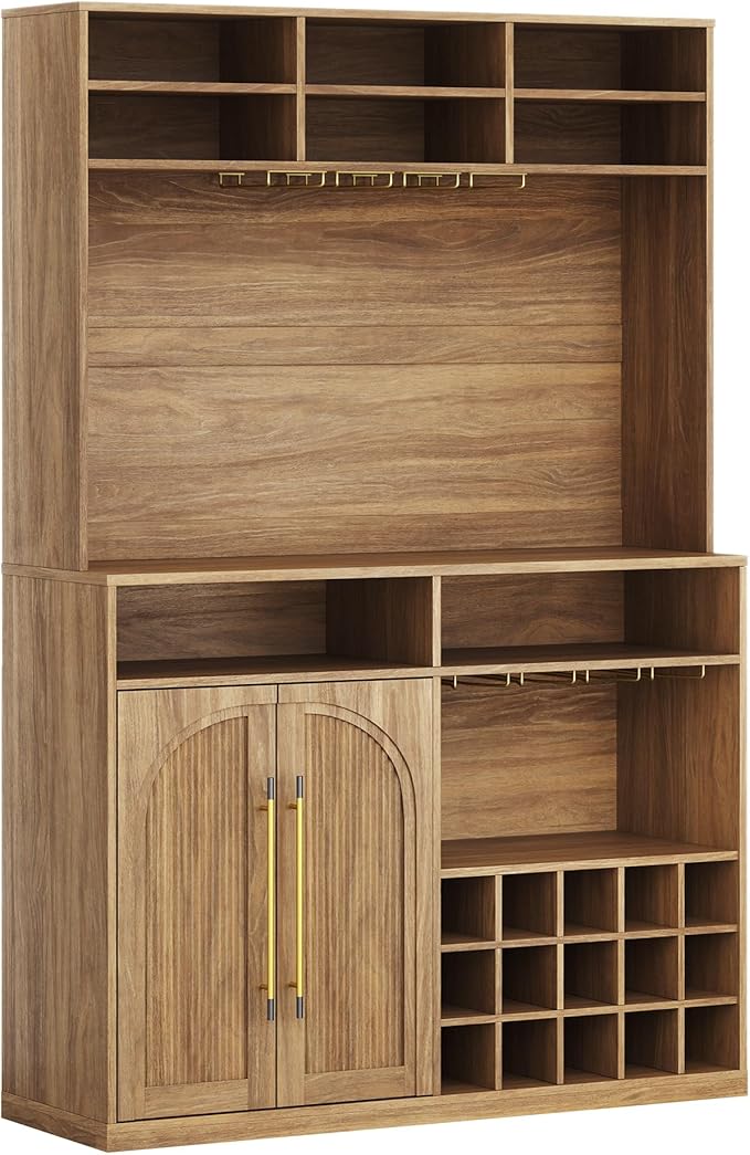 BELLEZE Jagger Bar Cabinet with Wine Rack & 8 Stemware Glass Holders, 72" Tall Liquor Coffee Bar Storage Cabinet with Adjustable Shelves, Fluted Doors & Golden Metal Handles, Camel