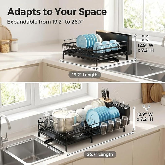 Large Extendable Dish Drying Rack with Bamboo Knife Holder, Rustproof Dish Drainer for Kitchen Counter, Adjustable 19"-27", Black