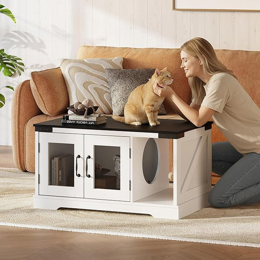 WLIVE Coffee Table with Storage, 2-in-1 Modern Center Table Cat House Furniture with Cat Teaser for Living Room, Home, Black