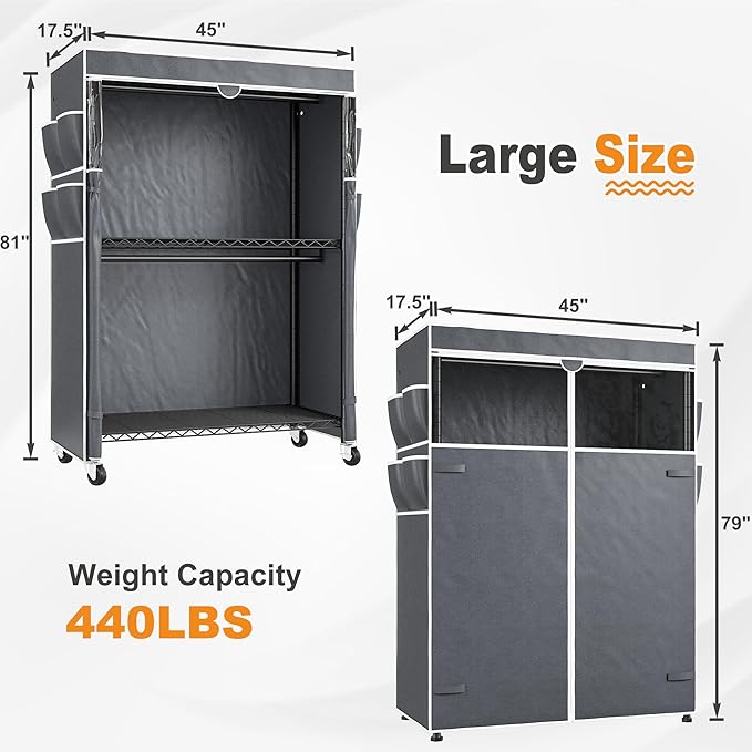 Raybee Rolling Clothes Rack with Cover, 81" H Heavy Duty Clothing Rack with Adjustable Shelves, Portable Wardrobe Closet with Visible Window, Double Rod Garment Rack on Wheels, Max Load 440LBS, Black