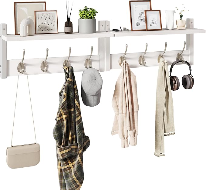YMYNY Coat Rack Shelf Wall Mounted, Coat Hooks Set of 2, Entryway Coat Hanger with 4 Double Hooks, 31.5" Wall Floating Shelf with Hat Rack, for Kitchen, Bedroom, Bathroom, White UHWS001W-2