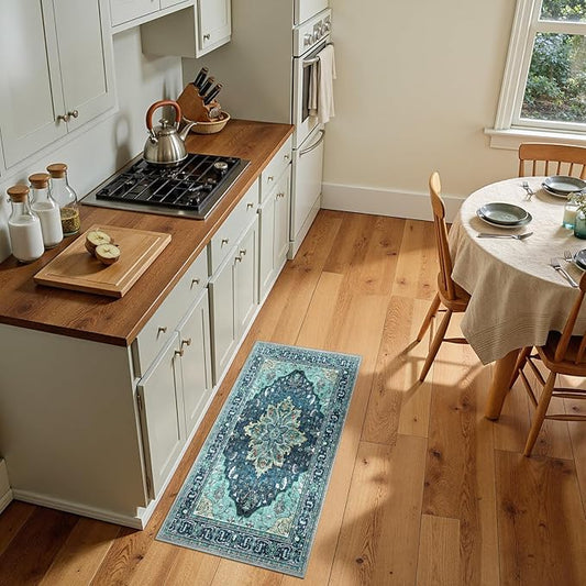 RELEANY Area Rugs Small 2'x4' Washable Non-Slip, Floral Vintage Distress Medallion Carpet for Kitchen Entryway Bathroom, Teal Green Lake Blue Turquoise