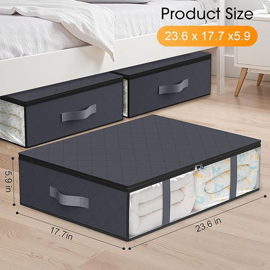 StorageRight Under Bed Storage Bags 4 Pack, 40L Large Clothes & Comforter Storage Containers with Clear Window, Breathable Fabric Organizer for Blankets, Bedding, Seasonal Clothing, Grey