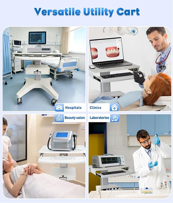 White Medical Trolley Cart with Laptop Tray & Oral Scanner Holder 220LBS, Mobile Workstation with Wheels & Drawer for Hospital Dental Clinics Beauty Salons Lab