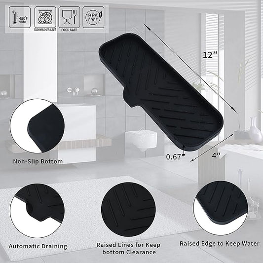 MicoYang Silicone Soap Dish with Drain Spout — Self-Draining Double Sink Organizer Tray for Kitchen & Bathroom, Dispensers, Sponges & Soap Holder, Non-Slip & Dishwasher Safe, Black (Large, 12"×4")
