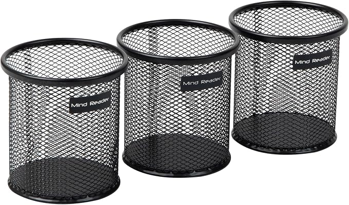 Mind Reader Pen and Accessories Holder, Desktop Organizer, Office, Metal Mesh, 3.5"L x 3.5"W x 3.75"H, Set of 3, Black