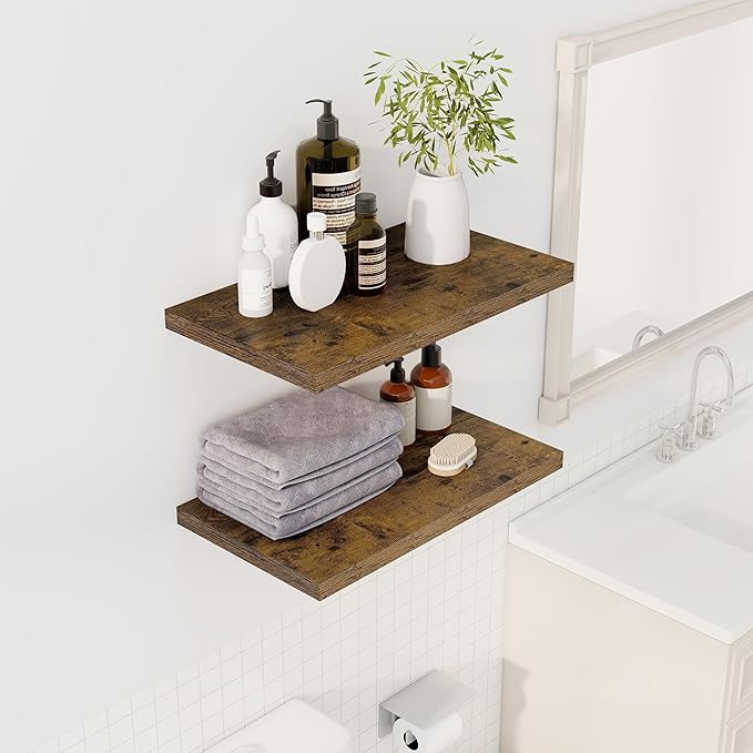 Dreamland 24" Floating Shelves for Wall, 12" Deep Slim Rustic Brown Floating Shelves, Wall-Mounted Shelves for Bedroom, Living Room, Kitchen, Bathroom - Set of 2