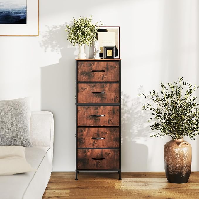 DUMOS Nightstand with 5 Drawers Bedside Table with Removable Fabric Bins Sturdy Steel Frame Wood Top Organizer Furniture for Bedroom Nursery Closet Living Room, Brown