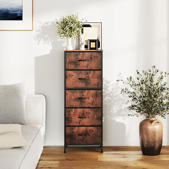 Sweetcrispy 5 Drawer Dresser with Fabric Bins Steel Frame Wood top Storage Chest for Bedroom Closet Hallway Brown Compact Organizer Durable Home Storage Solution