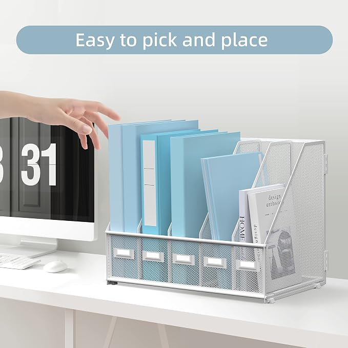 SUPEASY Desk Organizers Metal Desk Magazine File Holder with 5 Vertical Compartments Rack File Organizer for Office Desktop, Home Workspace, White (Pack of 2)