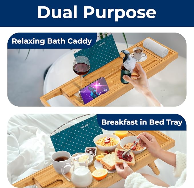 SereneLife 2 in 1 Bed and Bath Tray - Foldable Bamboo Bathtub Caddy with Adjustable Length, Non-Slip, Device Holder, Wine Glass Slot, Expandable for Comfortable Bathing, Natural, 2in1, Folding Set