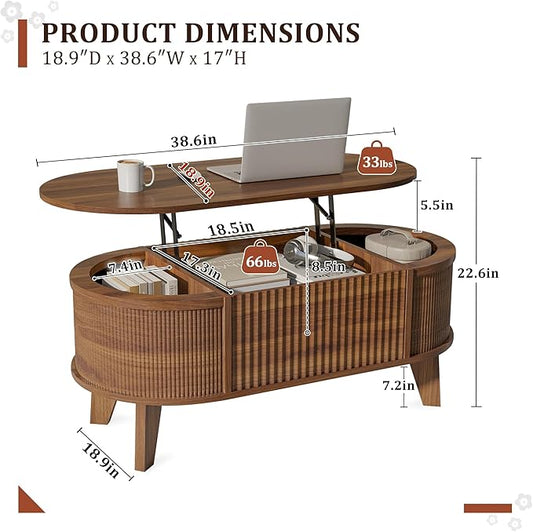 LYNCOHOME Fluted Lift Top Coffee Table with Storage,Modern Oval Coffee Table for Living Room or Home Office(Walnut)