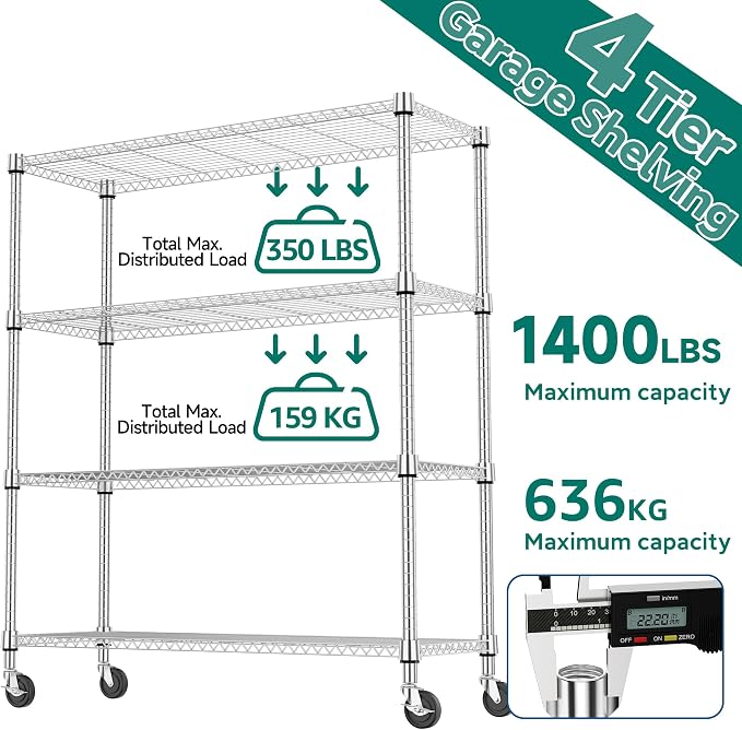 M MZG 1400LBS 47.2" W 4 Tiers Storage Shelves Metal Shelving Unit with Wheels Heavy Duty Garage Shelving Adjustable Wire Shelves for Pantry,Kitchen,Garage,Basement,Chrome 17.7" D x 47.2" W x 62.6" H