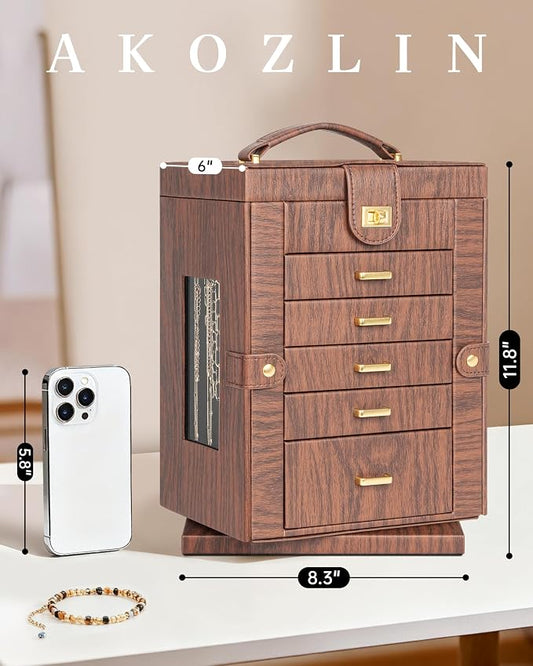 AKOZLIN 6-Tier Jewelry Box Organizer Functional 5 Drawers Leather Jewelry Storage Case for Women Girls Ring Necklace Earring Bracelet Holder Organizer with Mirror Red 360° Rotating