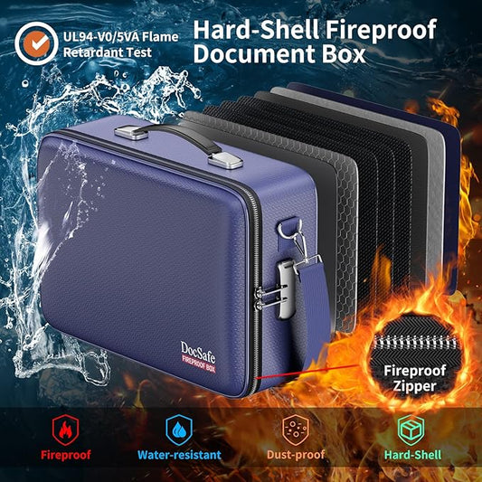 DocSafe Fireproof Document Box with Lock&Shoulder Strap,Hard Case File Organizer with Accordion File Folder,Multi-Layer Portable Home Office Travel Safe Storage for Important Documents Laptop Blue
