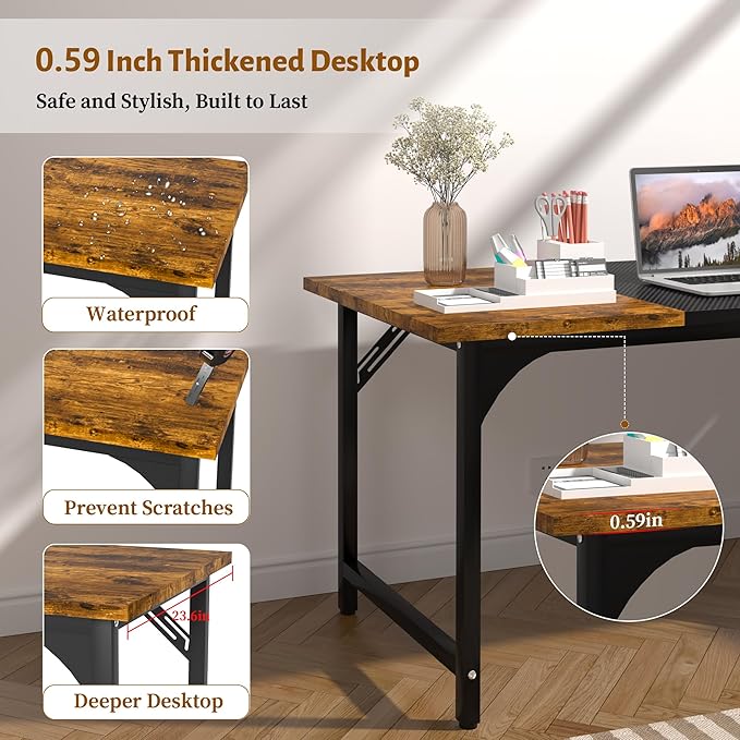 AZN Computer Desk, 55in Computer Desk, Gaming Office Desk w/Carbon Fiber Tabletop, Gaming Office Desk w/Sturdy Metal Frame, Home Office Desks w/Large Legroom for Game Work Study Writing,RusticBrown