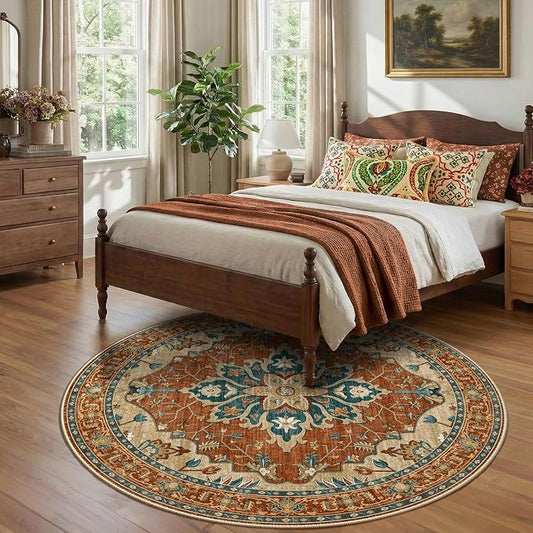RELEANY Area Rugs Round 7ft Washable Non-Slip, Floral Vintage Distress Medallion Carpet for Living Room Bedroom Dining Room, Red Orange Blue Brown